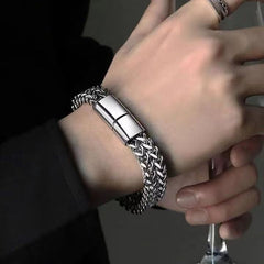 Dual Layer Glossy Silver Black 316L Stainless Steel Wheat Chain Bracelet For Men