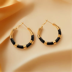 Two Tone 18K Gold Black Enamel Stainless Steel Anti Tarnish Hoop Earring For Women