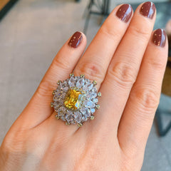 Flower Rectangle Yellow Gemstone Silver Cubic Zirconia Necklace Earring Ring Set For Women