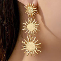 Gold Sun Triple Drop Fashion Dangler Earrings