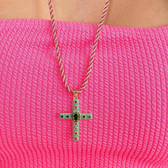 Cross Rosary Prayer Crystal Enamel 18K Gold Thread Anti Tarnish Necklace Pendant For Women