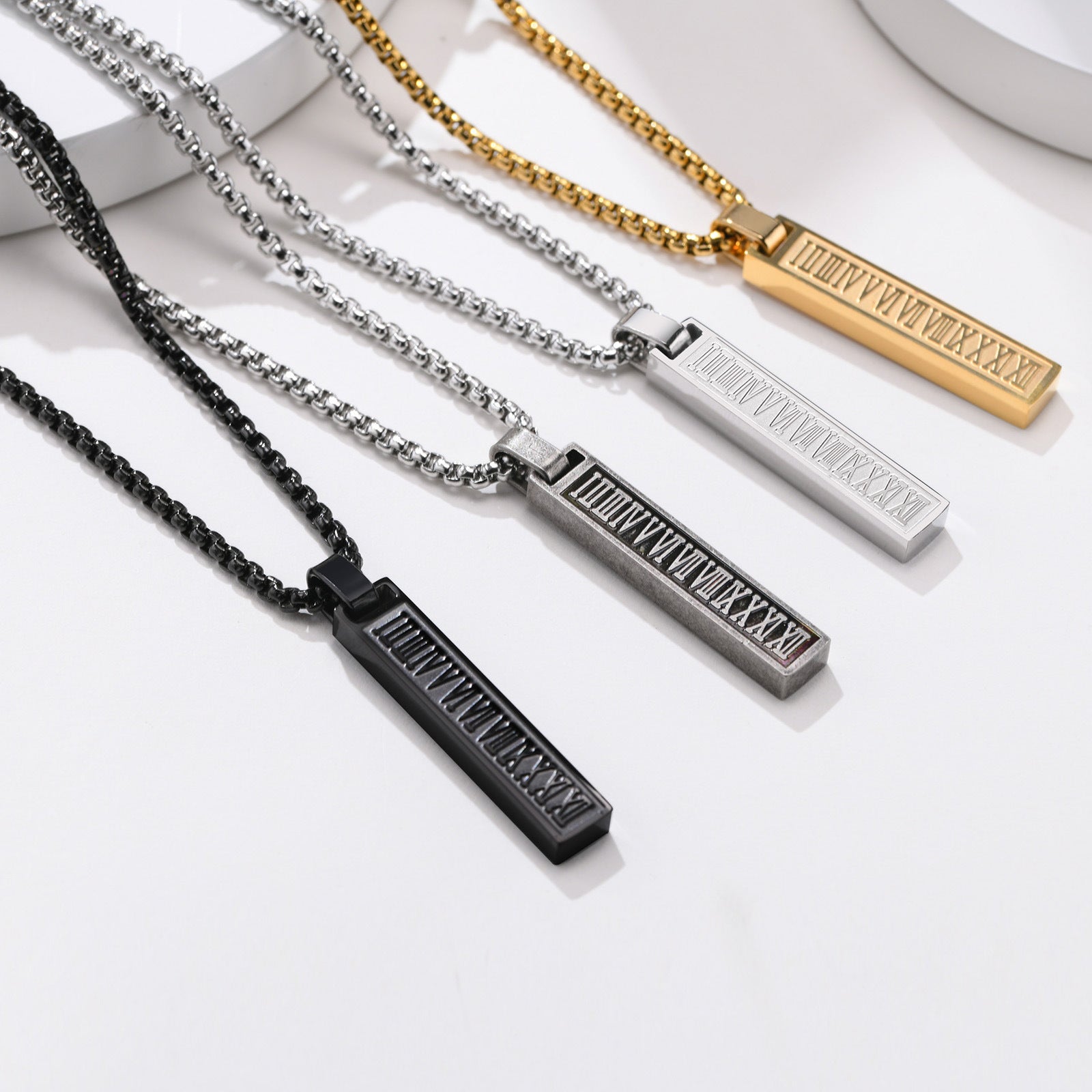 Roman Number Bar Id Gold Black Silver Atique Stainless Steel Popcorn Pendant Chain For Men