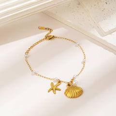 Shells Starfish Pearl 18K Gold Stainless Steel Anti Tarnish Link Chain Bracelet For Women