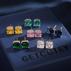 Square Solitaire White Green Blue Pink Silver Cubic Zirconia Stud Earring For Women