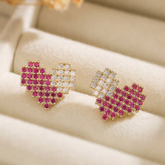 Pink Heart Gold Plated Cubic Zirconia Copper Stud Earrings For Women