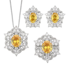 Flower Red Gemstone Silver Cubic Zirconia Necklace Earring Ring Set For Women