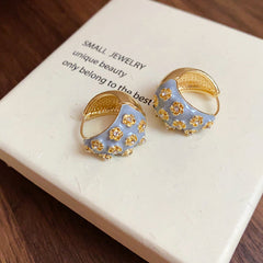 Flower White Gray 18K Gold Cubic Zirconia Enamel Hoop Stud Earring Pair Women