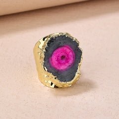 Black Pink Gemstone Crystal 18K Gold Adjustable Ring For Women