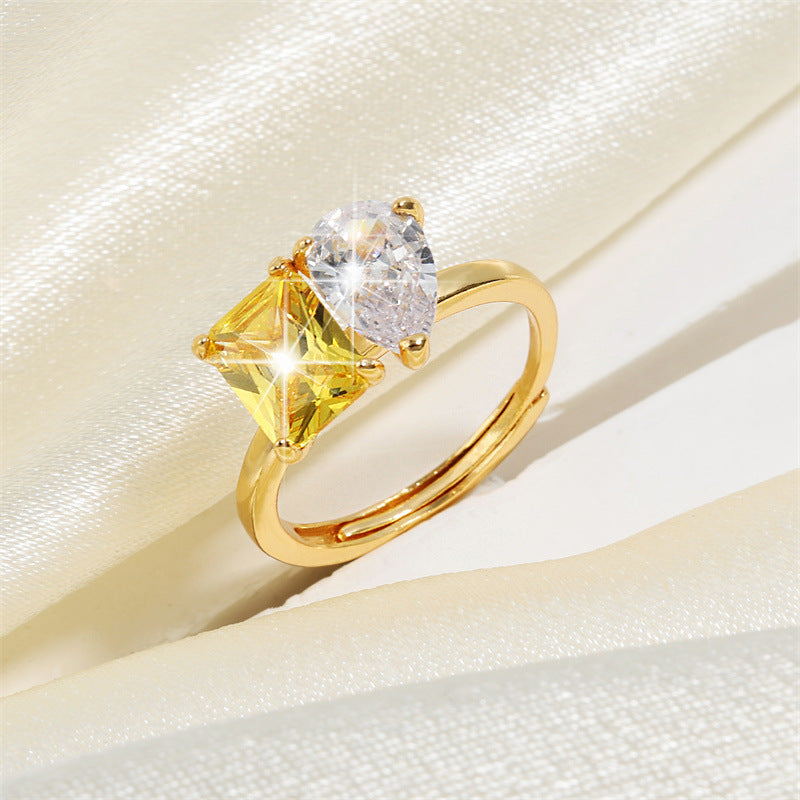 Drop Square solitaire Yellow 18k Gold Anti Tarnish Free Size Ring For Women