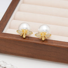 Little Honeybee Pearl Cubic Zirconia Gold Silver Stud Earring For Women