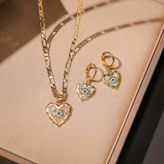 Heart Evil Eye 18K Gold CZ Anti Tarnish Pendant Chain Earring Set