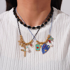 Cross Heart Butterfly Gold Blue Black Anti Tarnish Charm Necklace Pack Of 3 For Women