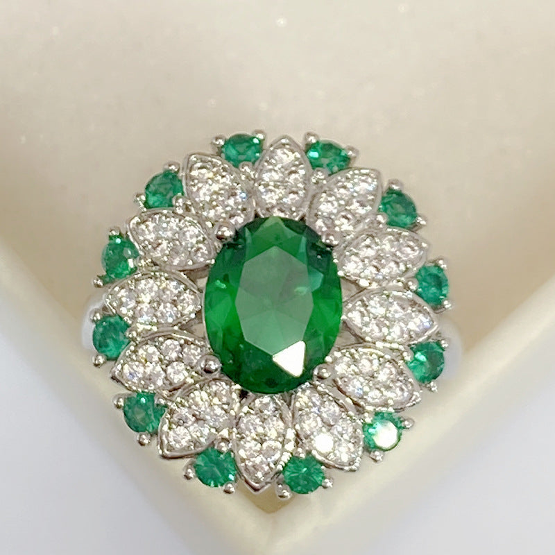 Flower Emerald Green Solitaire Cubic Zirconia Silver Anti Tarnish Free Size Ring For Women