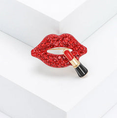 Red Lips & Lipstick Gold Plated Rhinestone Brooch For Women