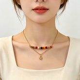 Multi Color Layered Gemstone Beads Gold CZ Anti Tarnish Copper Necklace