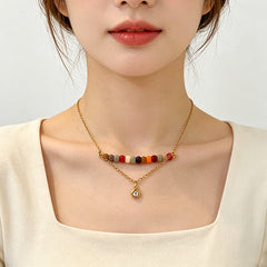 Multi Color Layered Gemstone Beads Gold CZ Anti Tarnish Copper Necklace