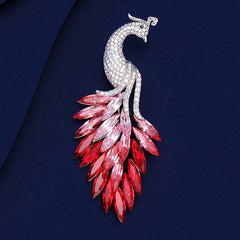 Peacock Cubic Zirconia Blue Red Silver Anti Tarnish Brooch For Women