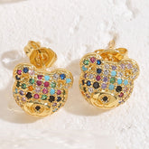 Teddy Bear 18K Gold Cubic Zirconia Multi Gemstone Anti tarnish Stud Earring For Women