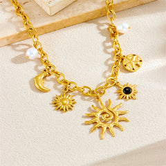 Celestial Sun Moon Pearl Gold Plated Charm Stainless Steel Necklace