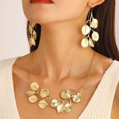 Leaf Flower 18K Gold Plated Anti Tarnish Necklace Earring Set For Women