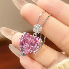Heart Silver Yellow Pink Cubic Zirconia Anti tarnish Pendant chain Ring Set For Women