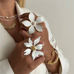 Flower Enamel White 18K Gold Plated Anti Tarnish Free Size Ring For Women