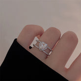 Luxury Silver Plated Heart White CZ Double Band Copper Cocktail Ring