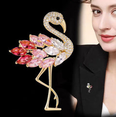 Multi Color Flamingo Gold Plated Crystal Brooch For Women