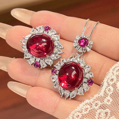 Oval Flower Red Blue Gemstone Silver Cubic Zirconia Anti Tarnish Pendant Chain Ring Set For Women