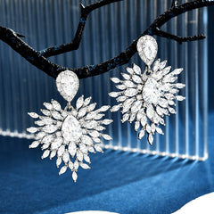Luxury White Floral CZ Silver Plated Copper Chandelier Drop Earrings