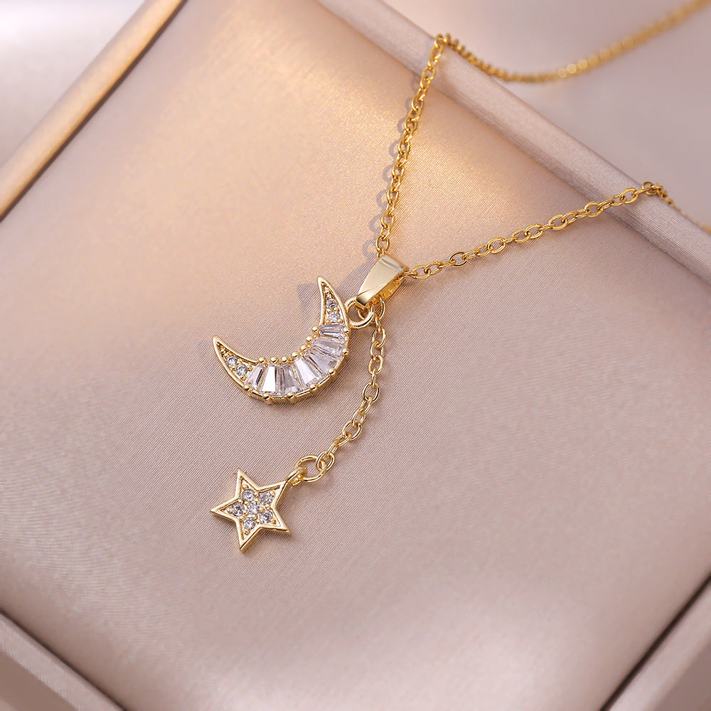 Moon Star 18K Gold Stainless Steel Baguette CZ Necklace Chain