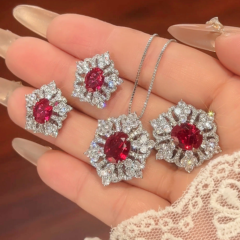 Flower Red Gemstone Silver Cubic Zirconia Necklace Earring Ring Set For Women
