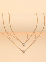 Oval Drop Solitaire 18K Gold Plated Cubic Zirconia Anti Tarnish Dual Layer Chain Necklace For Women