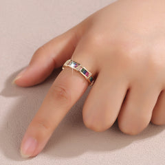 Multi Color Baguette Open Gold Plated CZ Copper Fancy Ring For Women