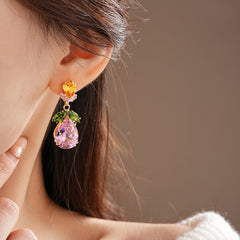 Drop Leaf Solitaire Crystal Pink Orange Anti Tarnish Necklace Earring Set For Women Group1