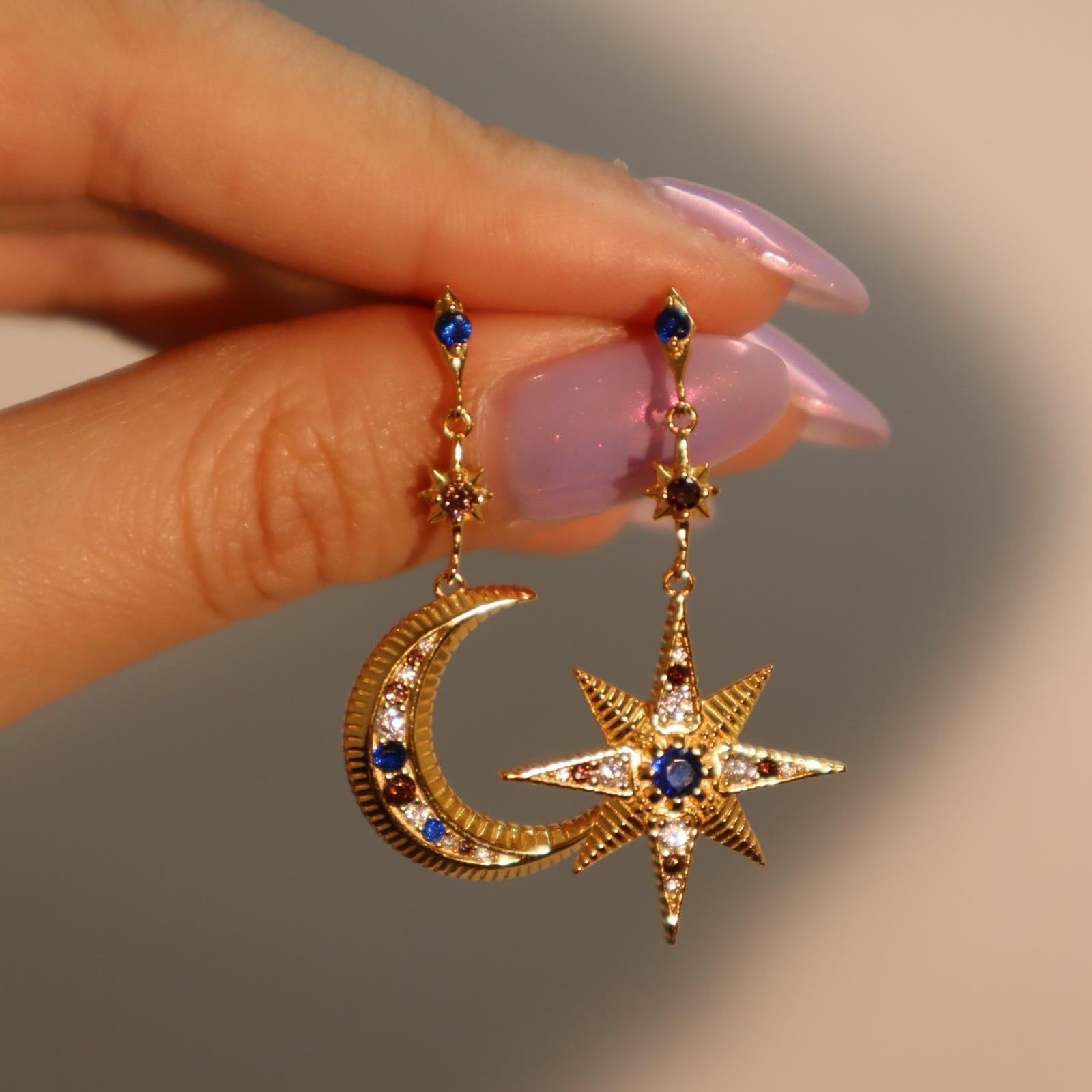 Star Moon 18K Gold Cubic Zirconia Anti Tarnish Dangler Hoop Earring For Women