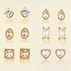 Designer Round Teardrop Square Heart Gold Plated CZ Copper Stud Earrings