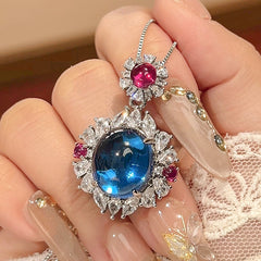 Oval Flower Red Blue Gemstone Silver Cubic Zirconia Anti Tarnish Pendant Chain Ring Set For Women