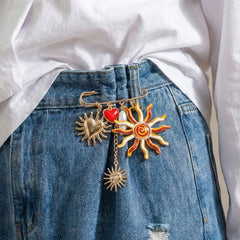 Multi Color Sun,Heart,Pearl,SafetyPin Gold Enamel Brooch For Women