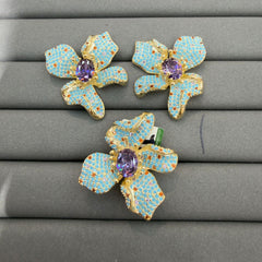 Floral Gold Plated Turquoise Purple CZ Copper Stud Earrings & Ring Set