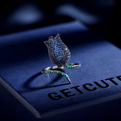 Tulip 18K Gold Plated Blue White Black Purple Sparkling Pave Crystals Anti Tarnished Free Size Ring For Women