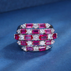 Baguette Cubic Zirconia Crystal Red Blue Silver Anti Tarnish Free Size Ring For Women