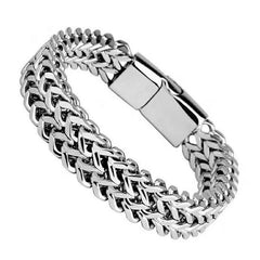 Dual Layer Glossy Silver Black 316L Stainless Steel Wheat Chain Bracelet For Men
