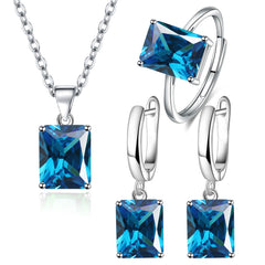 Rectangle Solitaire Silver Multi Color Cubic Zirconia Pendant Chain Earring Ring Set For Women