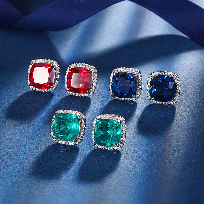 Square Silver Red Green Blue Cubic Zirconia Anti Tarnish Stud Earring For Women