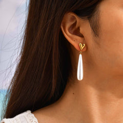 Heart Gold Plated Pearl Anti Tarnish Stainless Steel Dangler Earrings