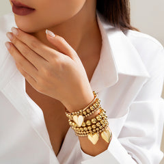 18K Gold Plated Multi-Layer Pearl Heart Beaded Stretchable Bracelet For Women