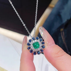 Sunflower Blue Green Gemstone Silver Cubic Zirconia Necklace Earring Ring Set For Women