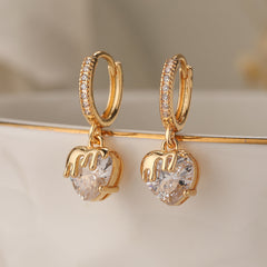 Gold Heart Cubic Zirconia Anti Tarnish Copper Hoop Earrings For Women