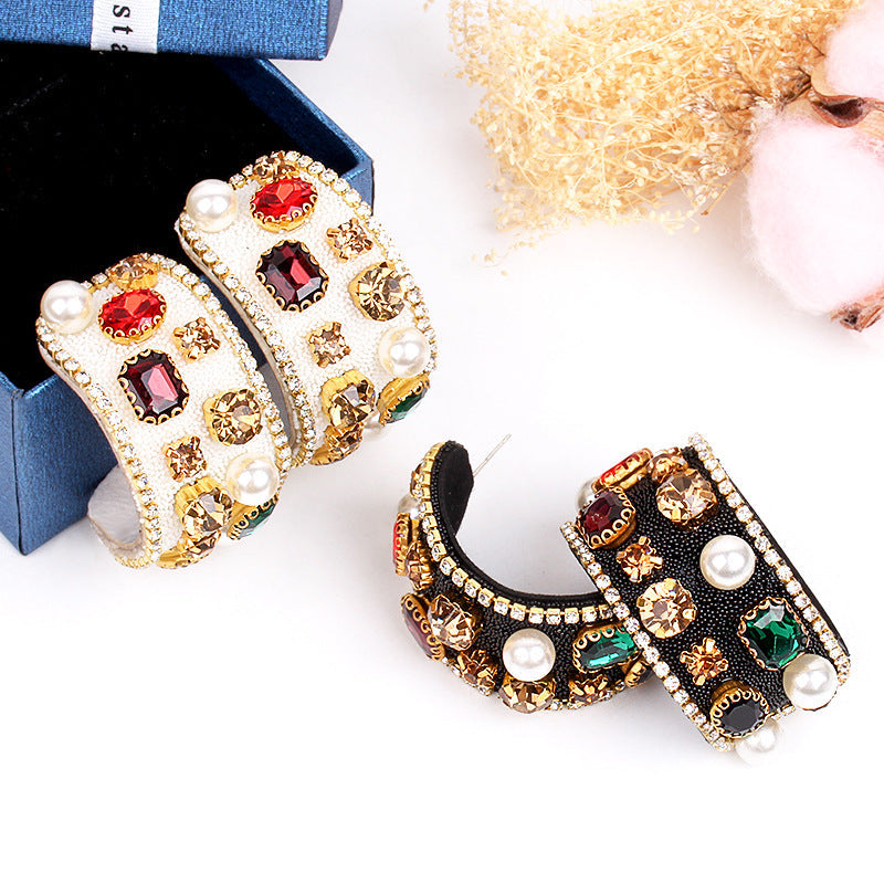 18K Gold Plated White Black Multi Gemstone CZ Pearl Hoop Earring